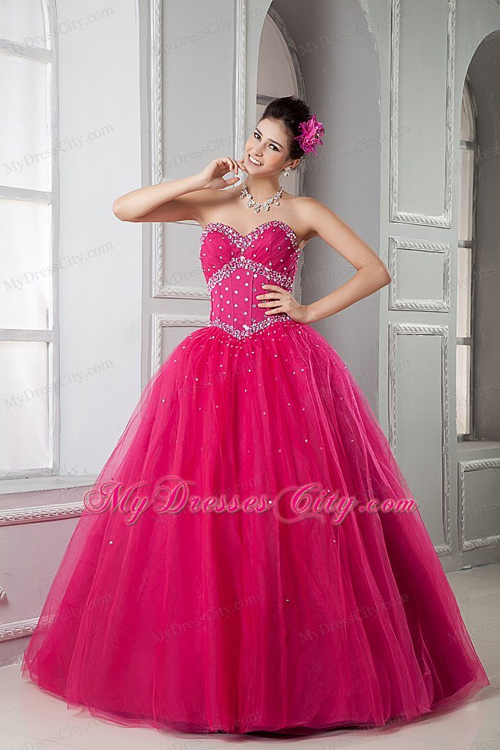 Beads Decorate Waist Sweetheart Beading Hot Pink Quinceanera Dresss