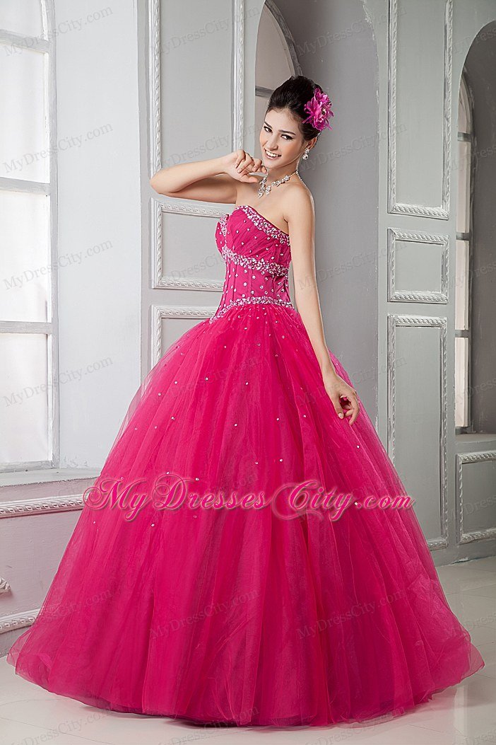 Beads Decorate Waist Sweetheart Beading Hot Pink Quinceanera Dresss