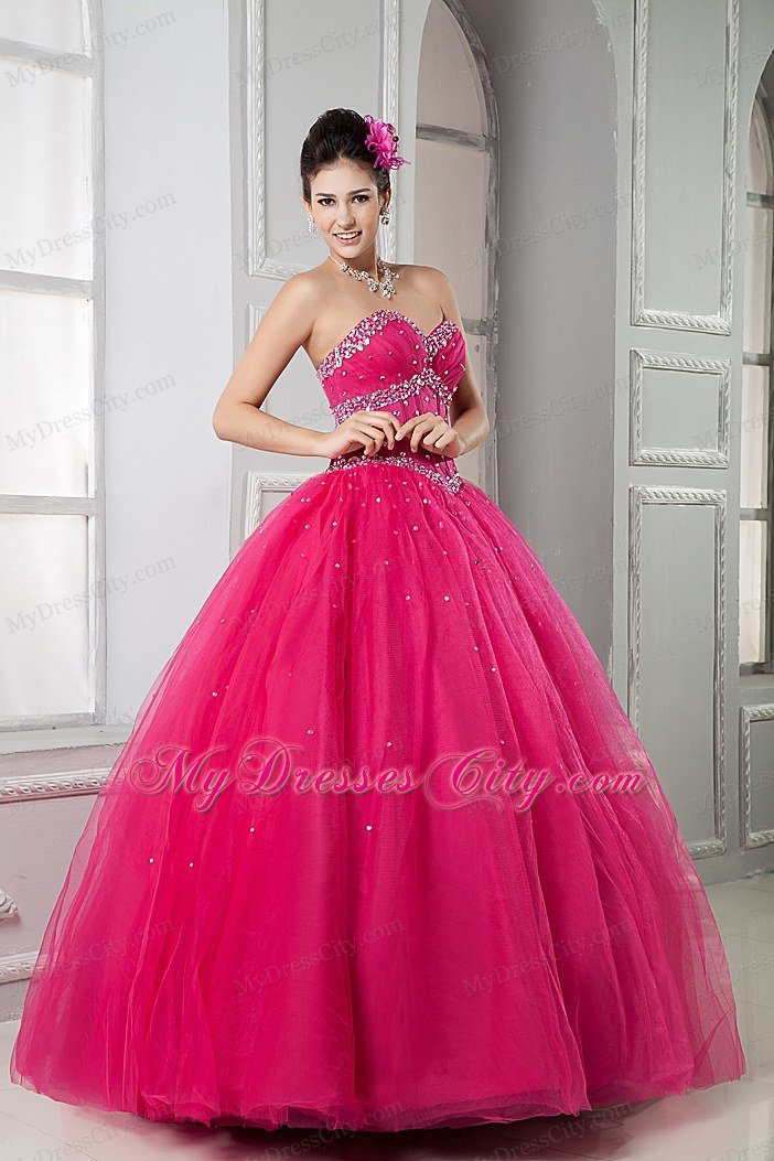 Beads Decorate Waist Sweetheart Beading Hot Pink Quinceanera Dresss