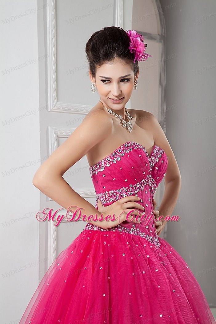 Beads Decorate Waist Sweetheart Beading Hot Pink Quinceanera Dresss