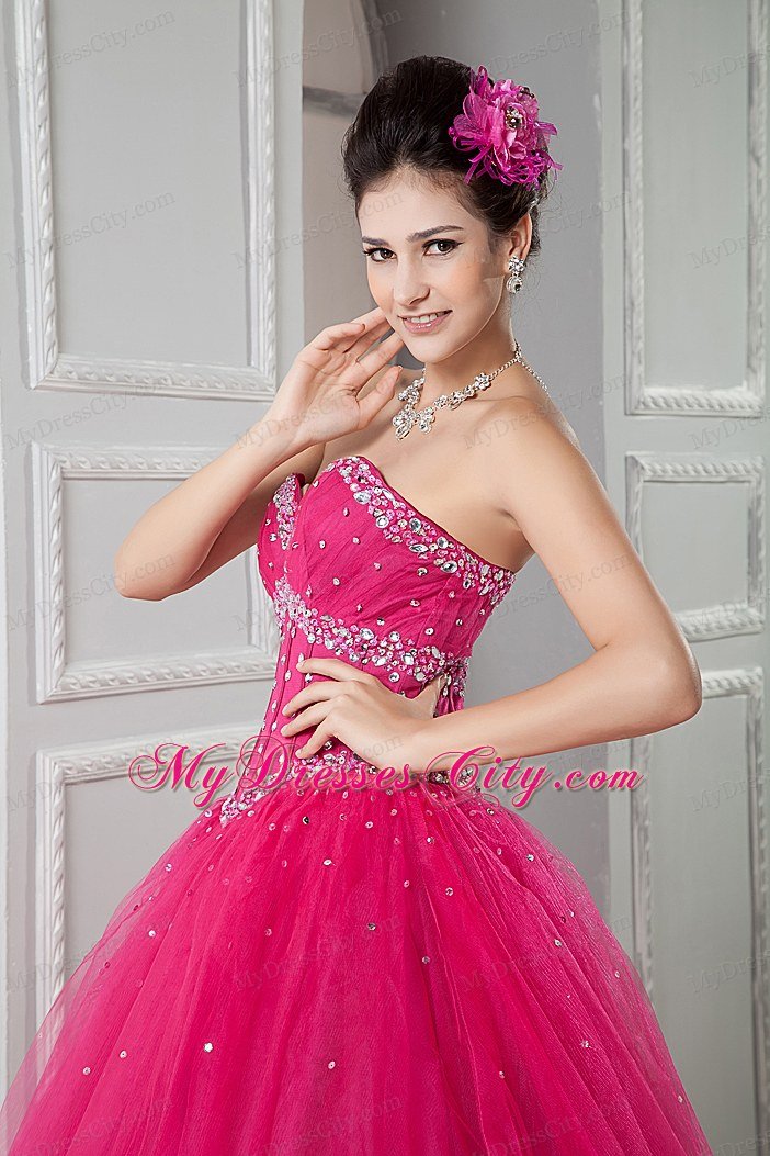 Beads Decorate Waist Sweetheart Beading Hot Pink Quinceanera Dresss