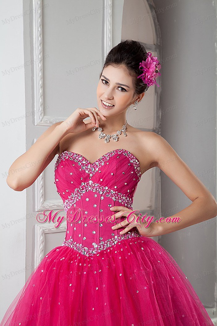 Beads Decorate Waist Sweetheart Beading Hot Pink Quinceanera Dresss