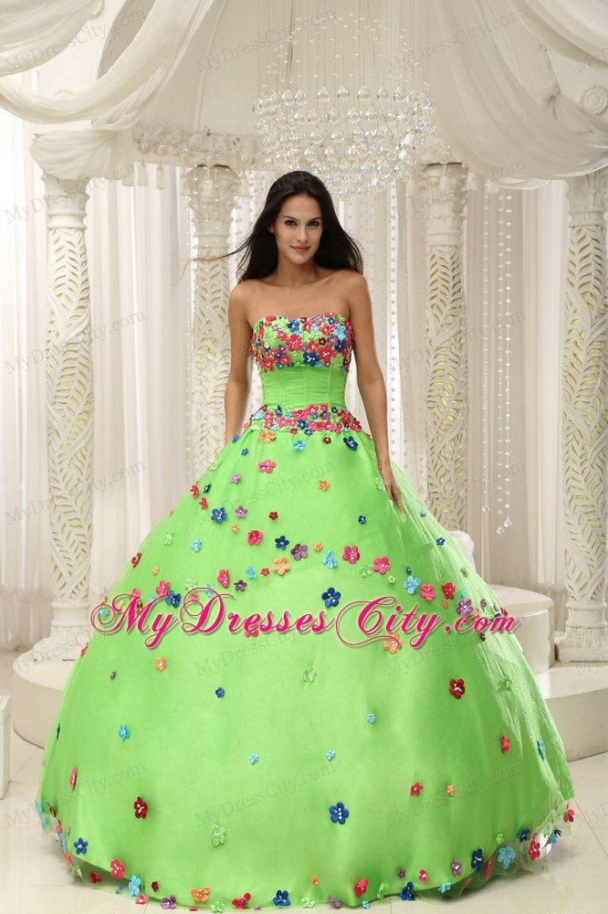 Appliques Decorate Bodice Strapless Spring Green 2013 Quninceaera Gown