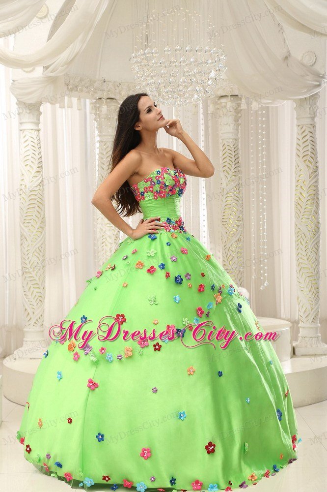 Appliques Decorate Bodice Strapless Spring Green 2013 Quninceaera Gown