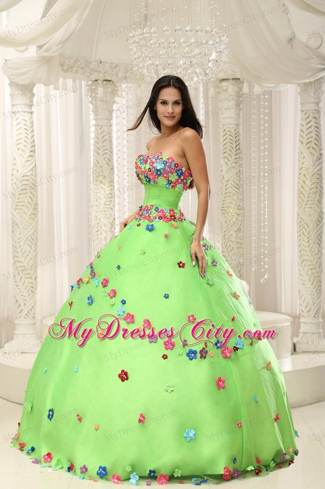 Appliques Decorate Bodice Strapless Spring Green 2013 Quninceaera Gown