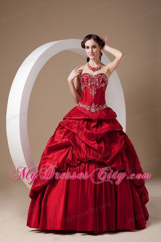 2013 Red Appliques Pick-ups Dress for Sweet 16 with Taffeta