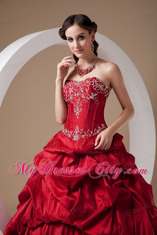 2013 Red Appliques Pick-ups Dress for Sweet 16 with Taffeta