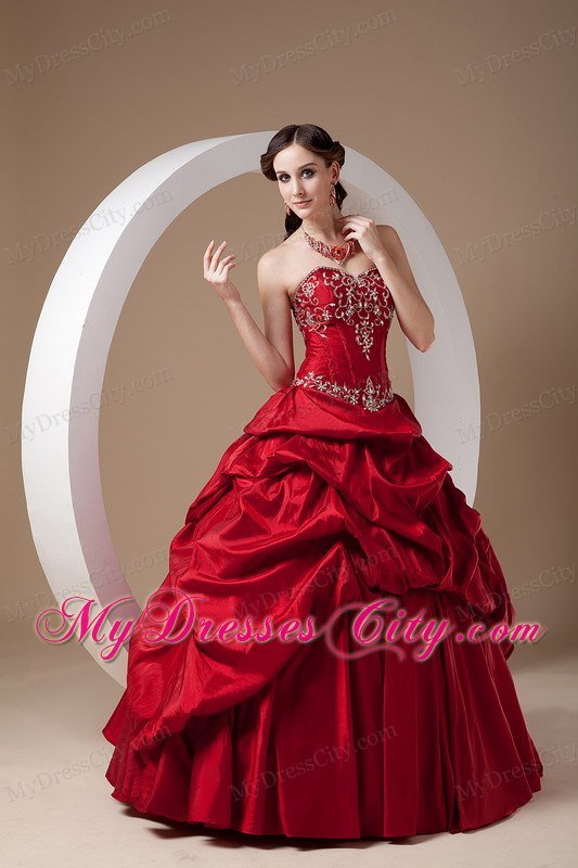 2013 Red Appliques Pick-ups Dress for Sweet 16 with Taffeta