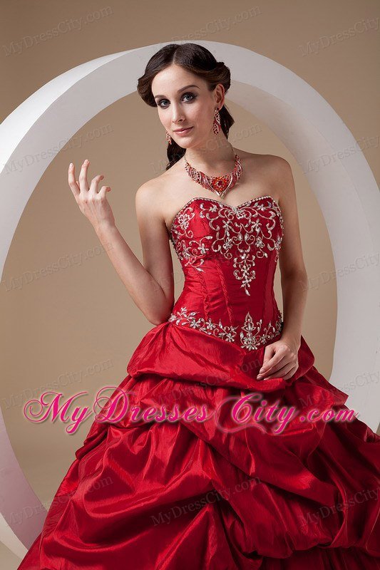 2013 Red Appliques Pick-ups Dress for Sweet 16 with Taffeta