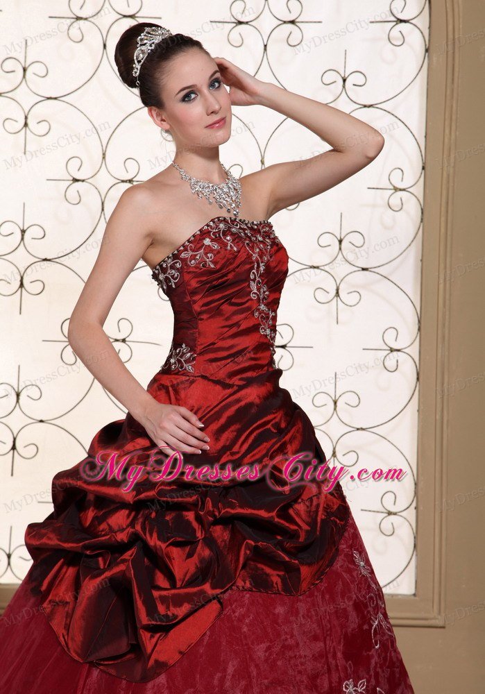 Wine Red Quinceanera Dress Appliques and Pick-ups