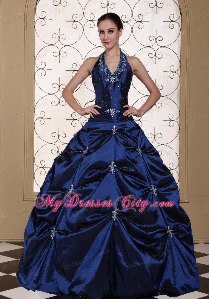 Halter Top Embroidery With Beading Puffy 2013 Navy Quinceanera Dress