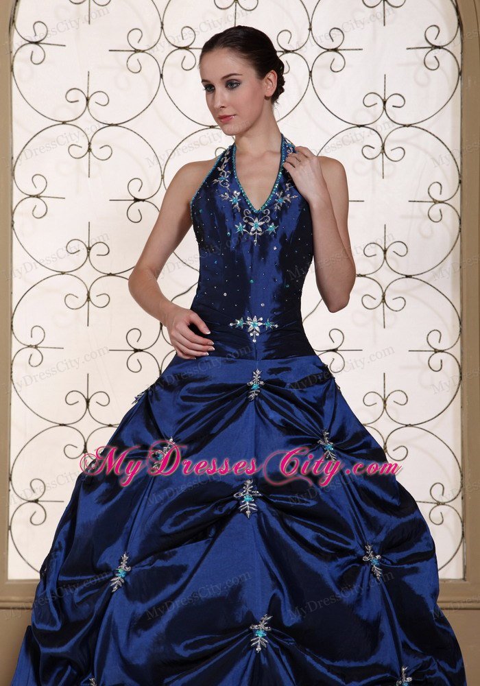 Halter Top Embroidery With Beading Puffy 2013 Navy Quinceanera Dress