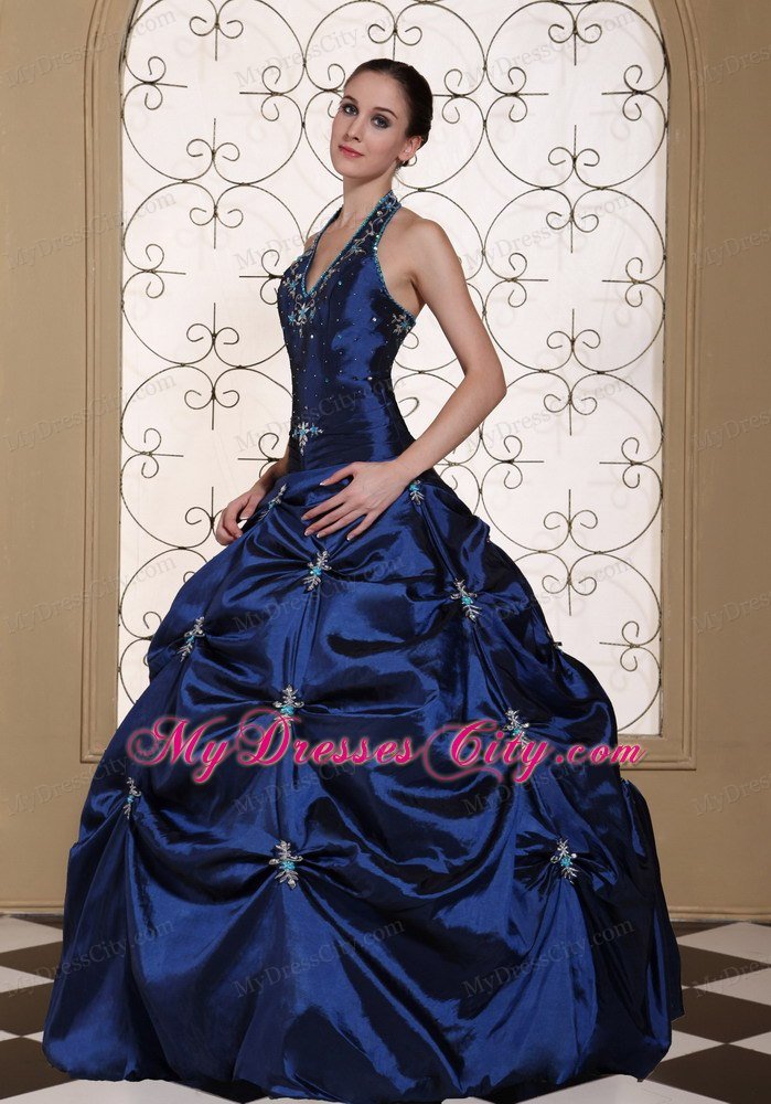 Halter Top Embroidery With Beading Puffy 2013 Navy Quinceanera Dress