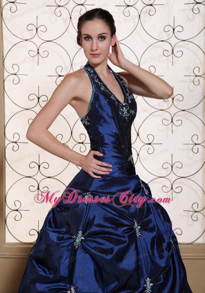 Halter Top Embroidery With Beading Puffy 2013 Navy Quinceanera Dress