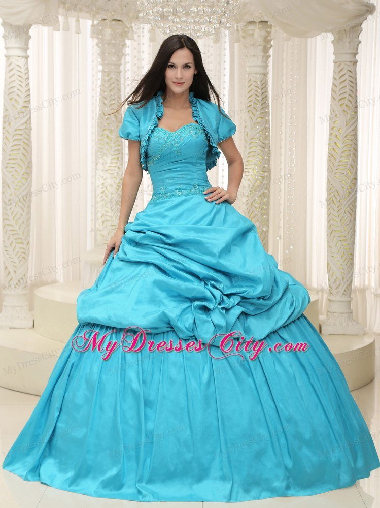 Elegant Beading Taffeta Sweetheart Appliques Teal Quinceanera Dress