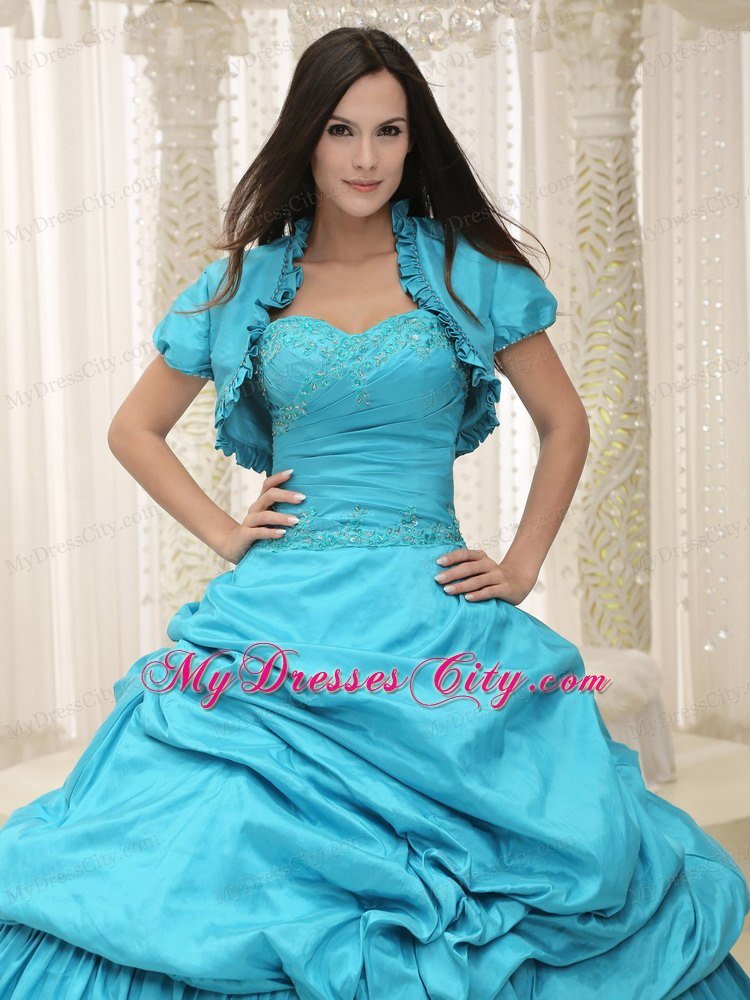 Elegant Beading Taffeta Sweetheart Appliques Teal Quinceanera Dress