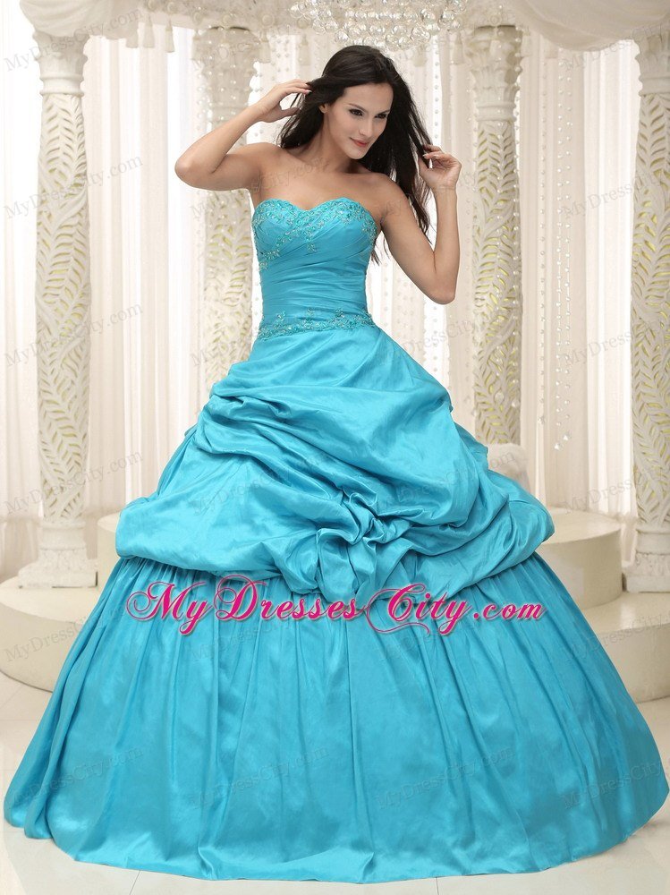 Elegant Beading Taffeta Sweetheart Appliques Teal Quinceanera Dress