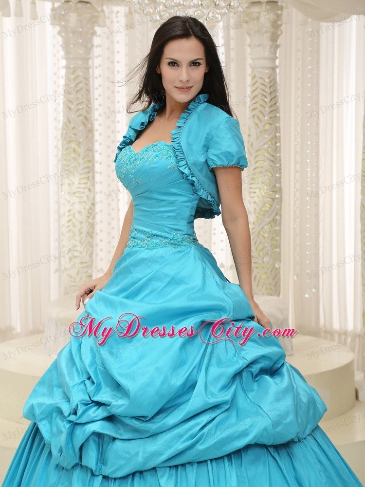 Elegant Beading Taffeta Sweetheart Appliques Teal Quinceanera Dress