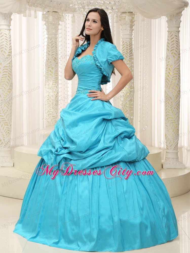 Elegant Beading Taffeta Sweetheart Appliques Teal Quinceanera Dress