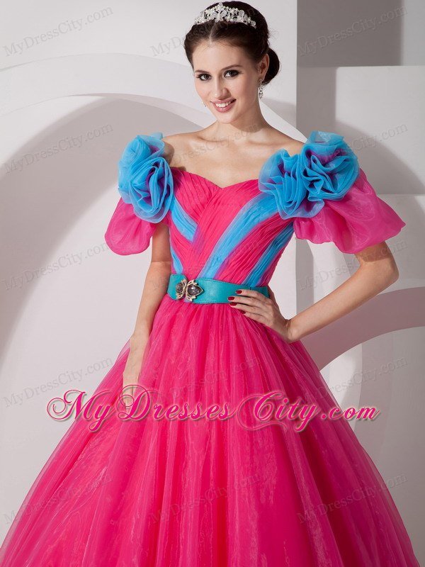 A-line V-neck Organza Flowers Short Sleeves Sweet 15 Dresses