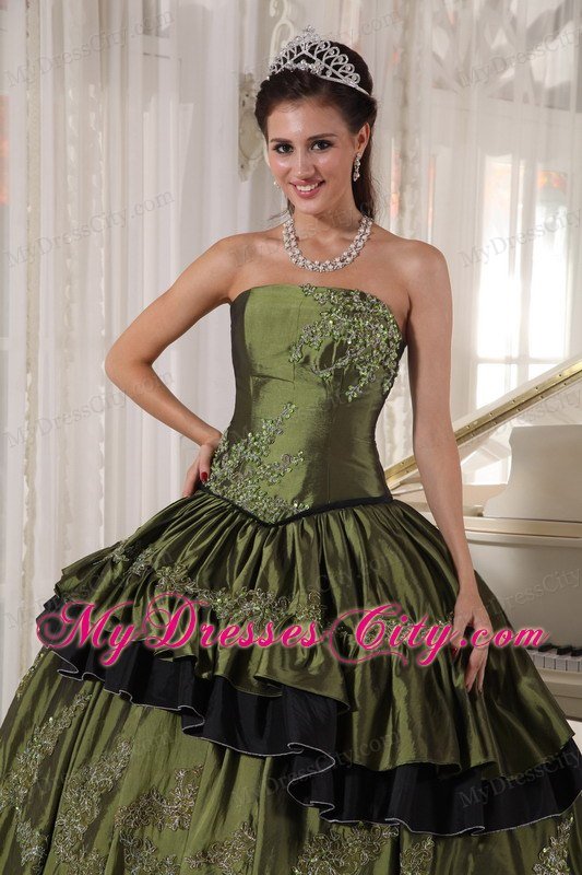 Olive Taffeta Strapless Beading and Appliques Quinceanera Dress