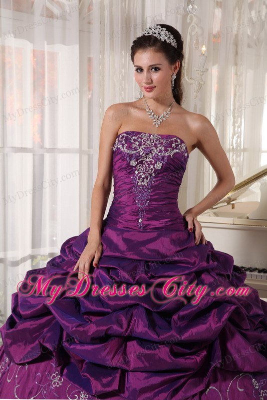 Taffeta Strapless Ruches Eggplant Purple Quinceanera Gowns for Cheap