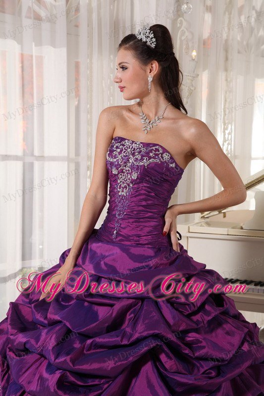 Taffeta Strapless Ruches Eggplant Purple Quinceanera Gowns for Cheap