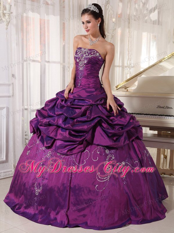 Taffeta Strapless Ruches Eggplant Purple Quinceanera Gowns for Cheap