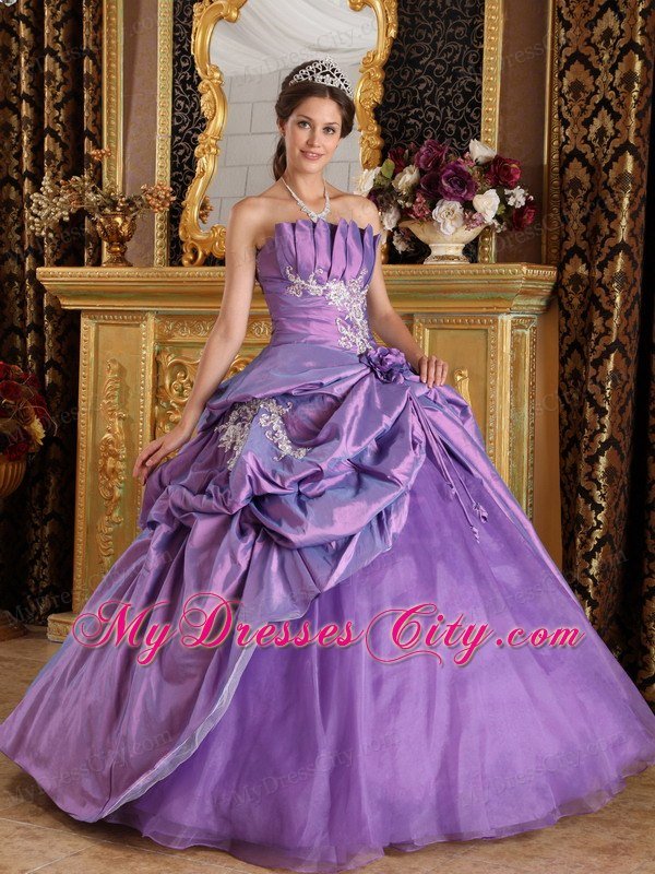 Strapless Taffeta and Organza Flowers Lavender Quinceanera Dress