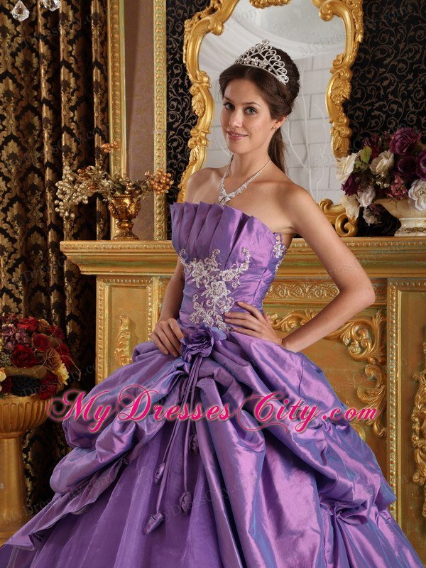 Strapless Taffeta and Organza Flowers Lavender Quinceanera Dress