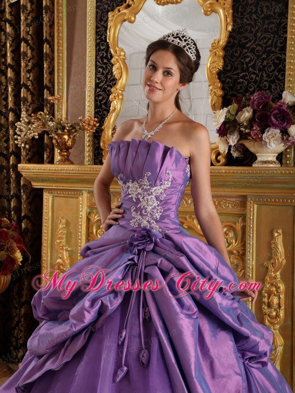 Strapless Taffeta and Organza Flowers Lavender Quinceanera Dress