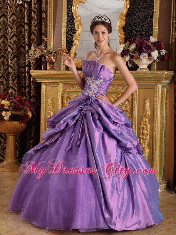 Strapless Taffeta and Organza Flowers Lavender Quinceanera Dress