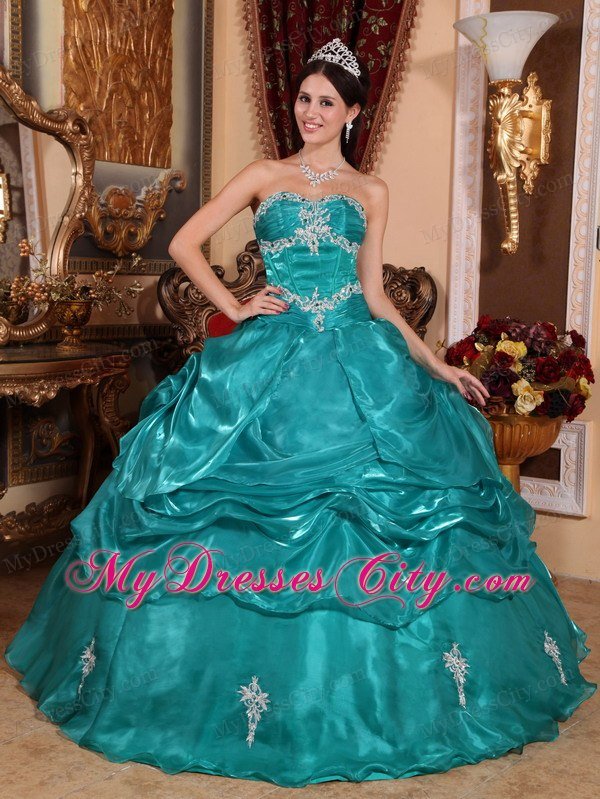 New Arrival Organza Strapless Pick Ups Turquoise Quinceanera Dress