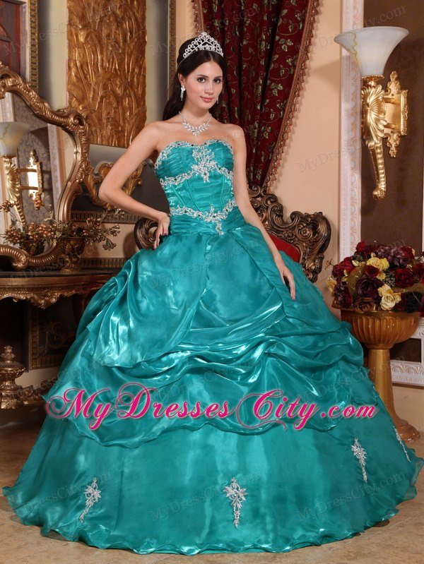 New Arrival Organza Strapless Pick Ups Turquoise Quinceanera Dress