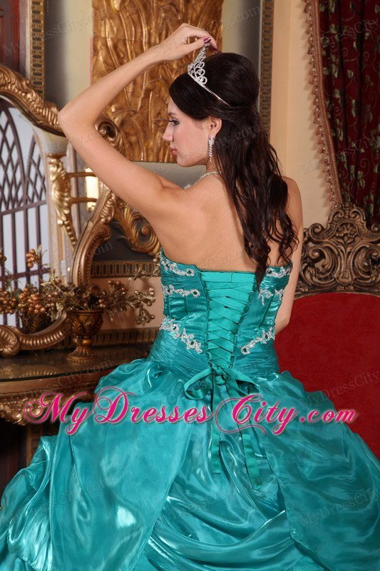 New Arrival Organza Strapless Pick Ups Turquoise Quinceanera Dress