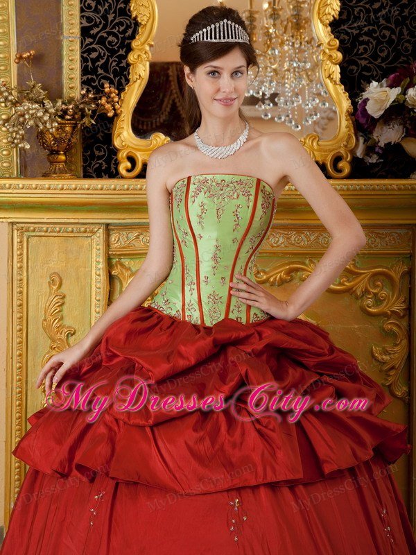 Red and Green Strapless Appliques Taffeta Quinceanera Dress