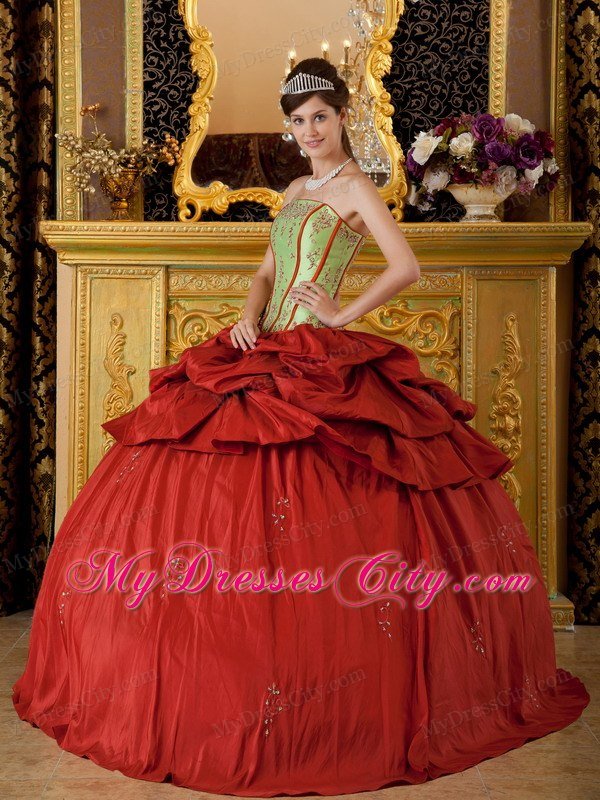 Red and Green Strapless Appliques Taffeta Quinceanera Dress