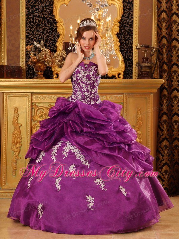 Organza Strapless White Appliques Ruffled Purple Quinceanera Dress