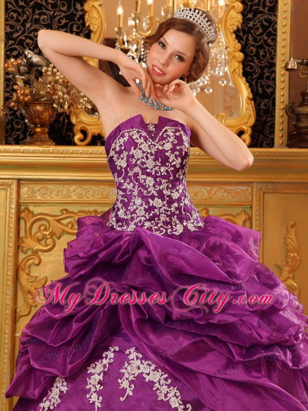 Organza Strapless White Appliques Ruffled Purple Quinceanera Dress