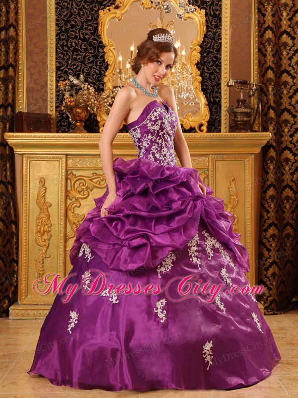 Organza Strapless White Appliques Ruffled Purple Quinceanera Dress