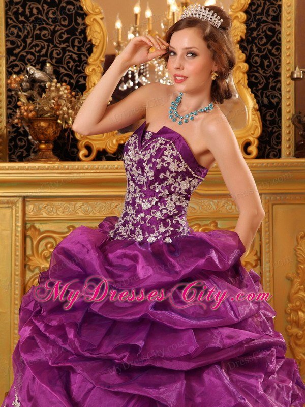 Organza Strapless White Appliques Ruffled Purple Quinceanera Dress