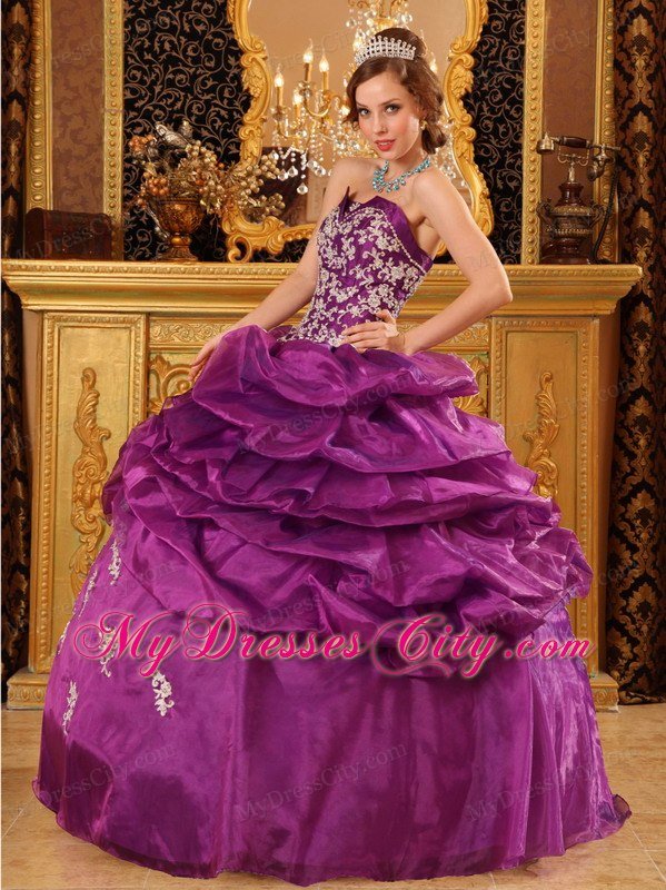 Organza Strapless White Appliques Ruffled Purple Quinceanera Dress