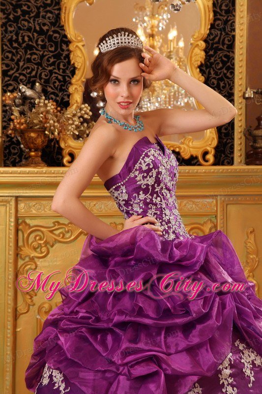 Organza Strapless White Appliques Ruffled Purple Quinceanera Dress