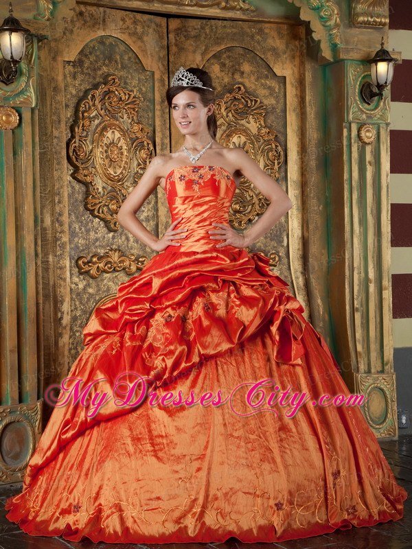 Taffeta Pick-ups Embroidery Bowknot Orange Red Quinceanera Dress