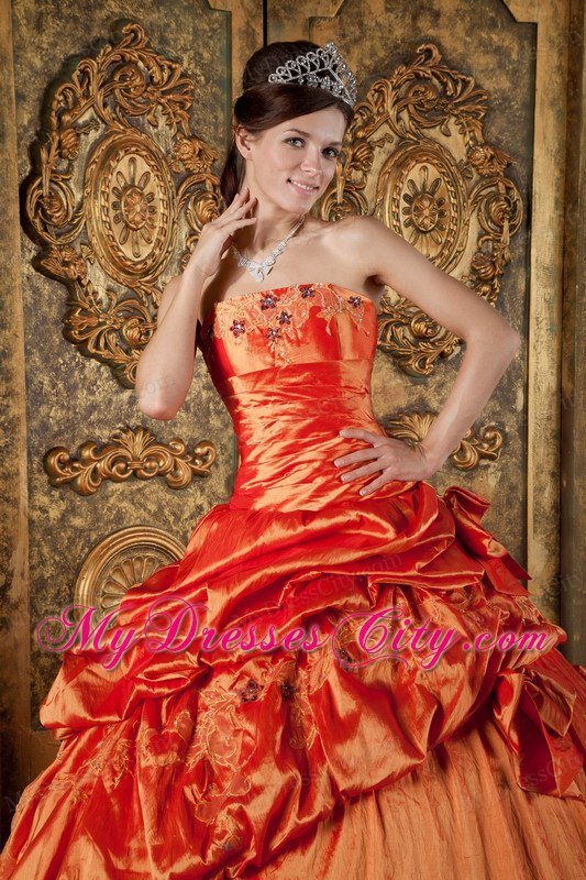 Taffeta Pick-ups Embroidery Bowknot Orange Red Quinceanera Dress