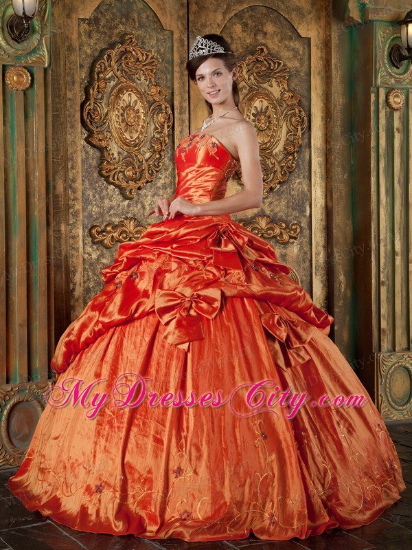 Taffeta Pick-ups Embroidery Bowknot Orange Red Quinceanera Dress