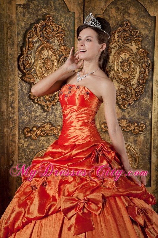 Taffeta Pick-ups Embroidery Bowknot Orange Red Quinceanera Dress