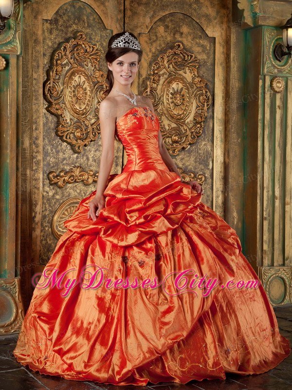 Taffeta Pick-ups Embroidery Bowknot Orange Red Quinceanera Dress