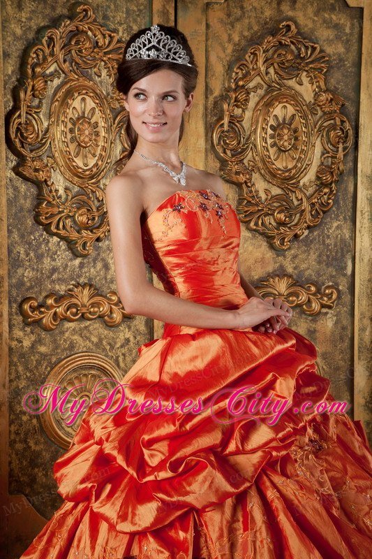 Taffeta Pick-ups Embroidery Bowknot Orange Red Quinceanera Dress