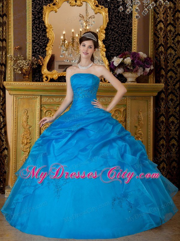 Custom Size Strapless Organza Appliques Blue Quinceanera Dresses